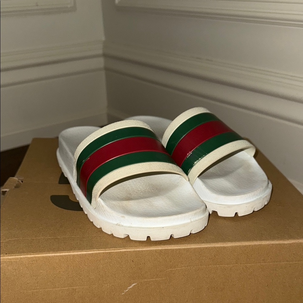 Gucci Cream Slides with Red and Green Stripes